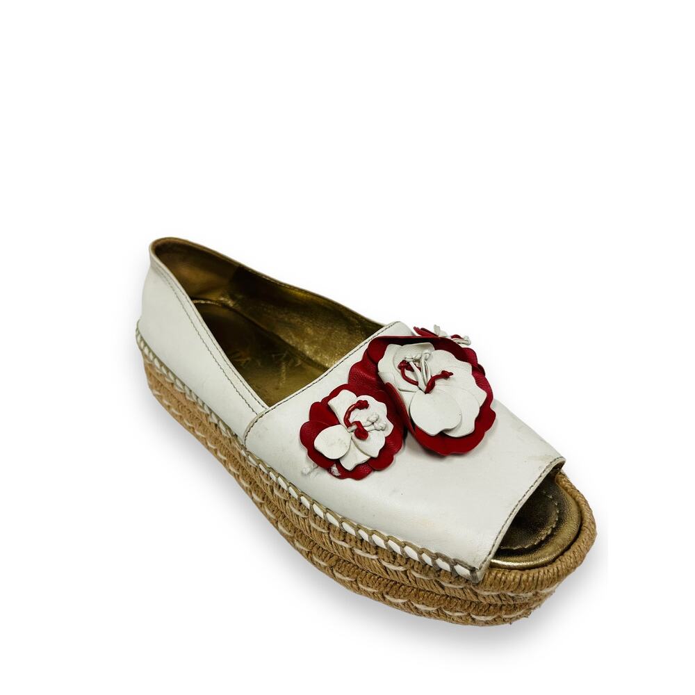 PRADA White Leather Floral Appliqued Peep Toe Platform Espadrilles Flats 38.5 - Picture 2 of 8